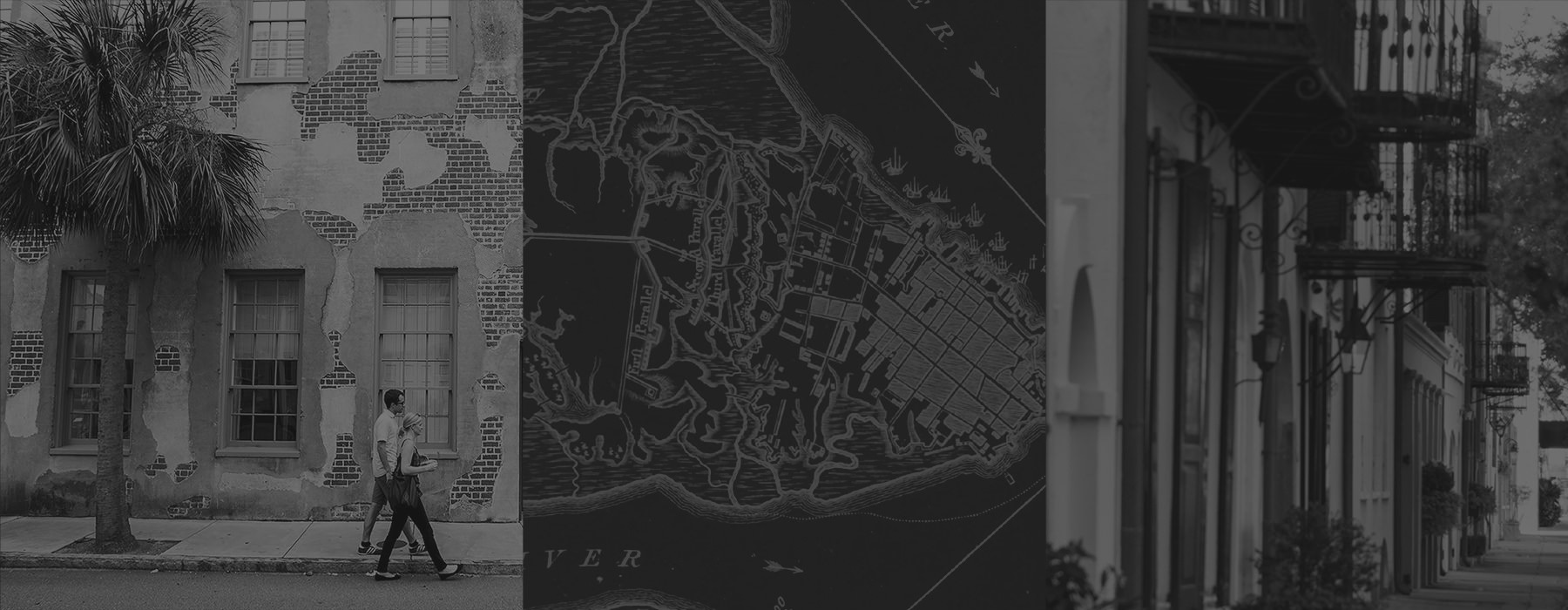 dark collage of Charleston, SC neighborhood images and map